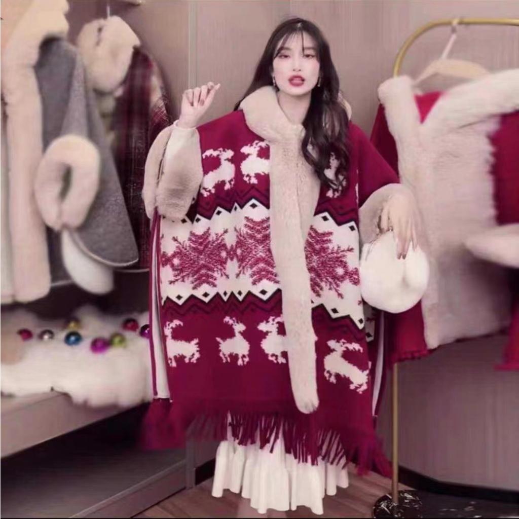 Зимняя женская куртка-накидка с шалью, свободная клетчатая подкладка с утолщенным меховым воротником, вязаная твидовая куртка-шаль с семиточечным рукавом и шляпой