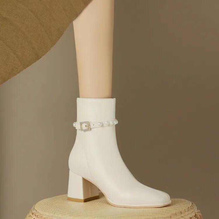 Autumn and Winter New Styles Fashion High Heels Women's Boots Sweet Pearl Square Head Zipper Square Heel Women Boots High