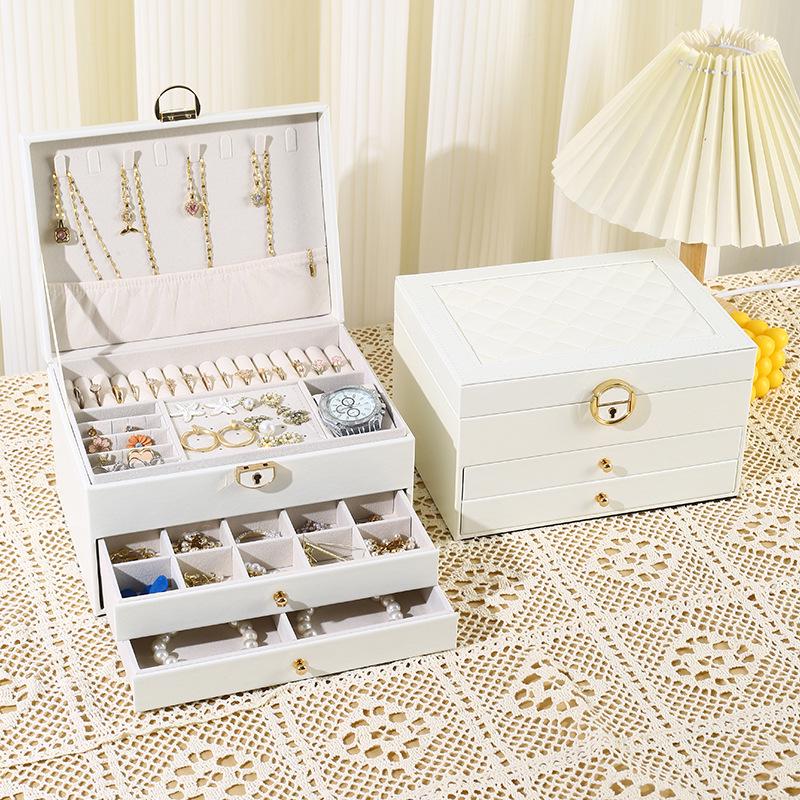 Large Capacity Retro PU Leather Multi-Layer Jewelry Storage Box with Drawers for Rings, Necklaces, Earrings, and Studs