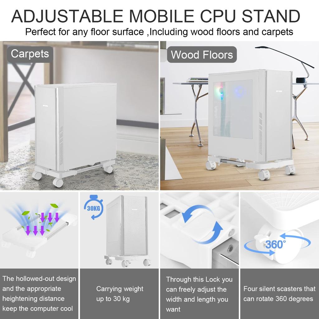 RAYLOVE CPU Adjustable Removable Computer Mainframe Storage Rack with 4 Caster Wheels Suitable for PC Desktop Easy To Replace Cables and Clean Dust