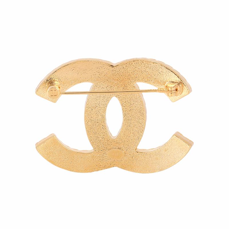 Chanel Золотая джинсово-синяя металлическая брошь с мелким глиттером, двойная C, женский стиль