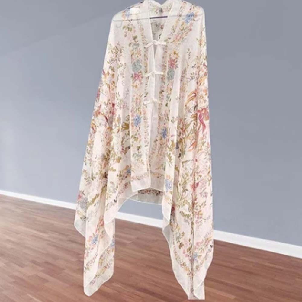 Breathable Thin Large Shawl Frog Button Sunscreen Headscarf Sweet Women Floral Scarf Vacation