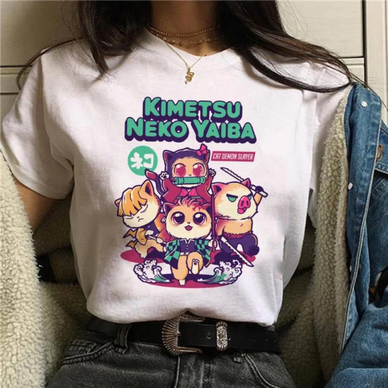 Японская аниме-футболка Demon Slayer Oversize Женская одежда Nezuko Kawaii Футболки Tanjirou O-Neck Graphic Женская футболка Manga Tops