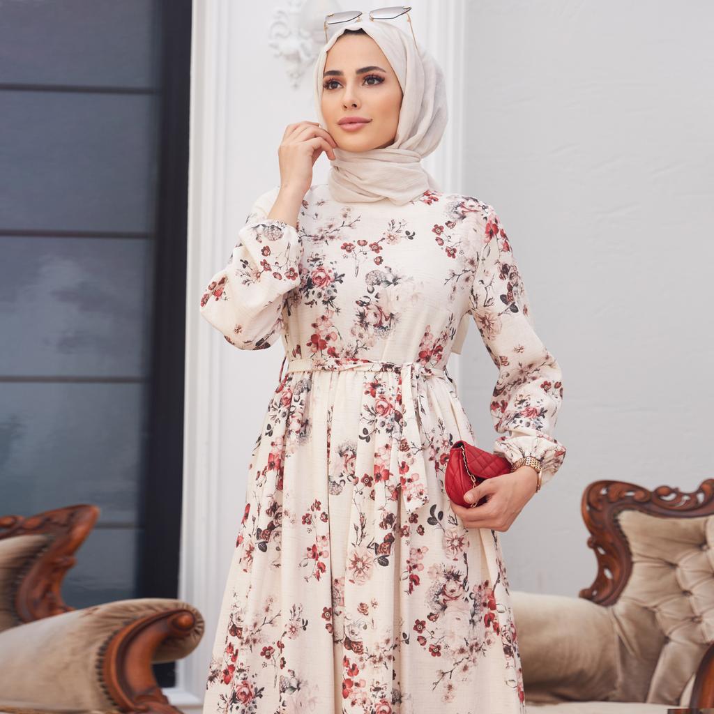 Женское льняное платье с цветочным узором, летнее исламское мусульманское платье с длинным рукавом и поясом, Абая, новый сезон, на подкладке, сделано в Турции