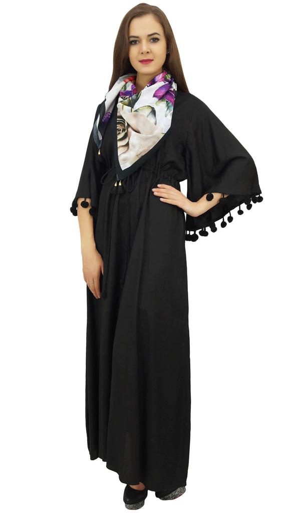 Bimba Женское повседневное платье макси с помпонами и рукавами-колокольчиками цвета морской волны с шарфом -