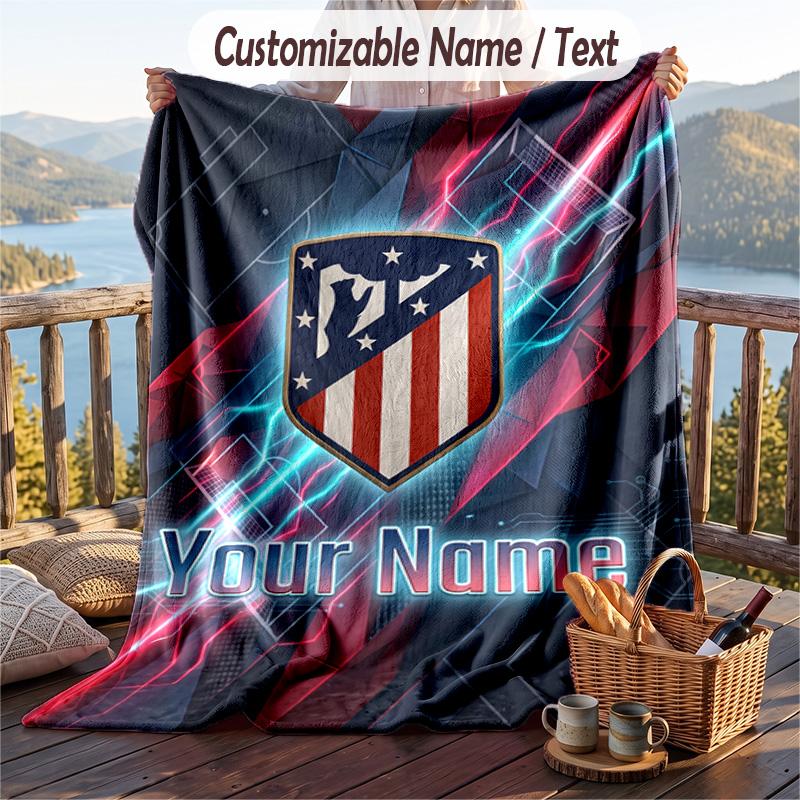 Flannel Blanket Atletico Madrid Print Custom Name Text Soft Throw for Sofa Bed