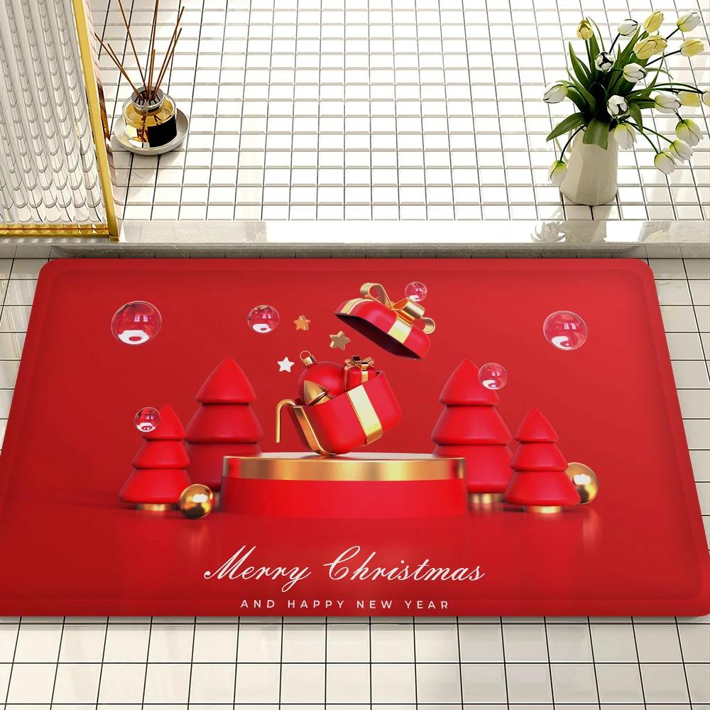 Рождественский тематический придверный коврик Праздничные узоры, такие как подарки, шапка Санты, конфеты Противоскользящий Прочный Входной коврик для помещений и улицы Домашний декор