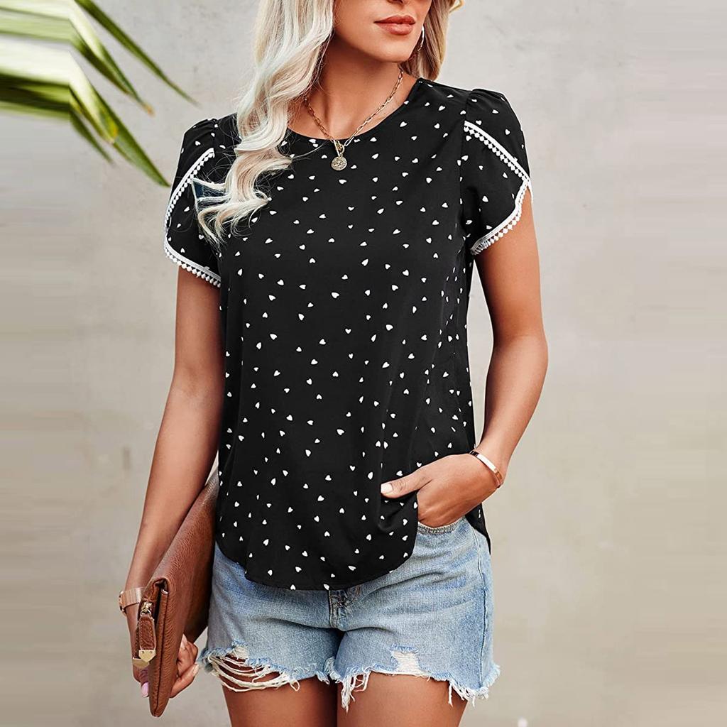 Women's Casual Floral  Printed Lace Crochet Short Sleeve Round Neck Summer Loose Tops Tops
