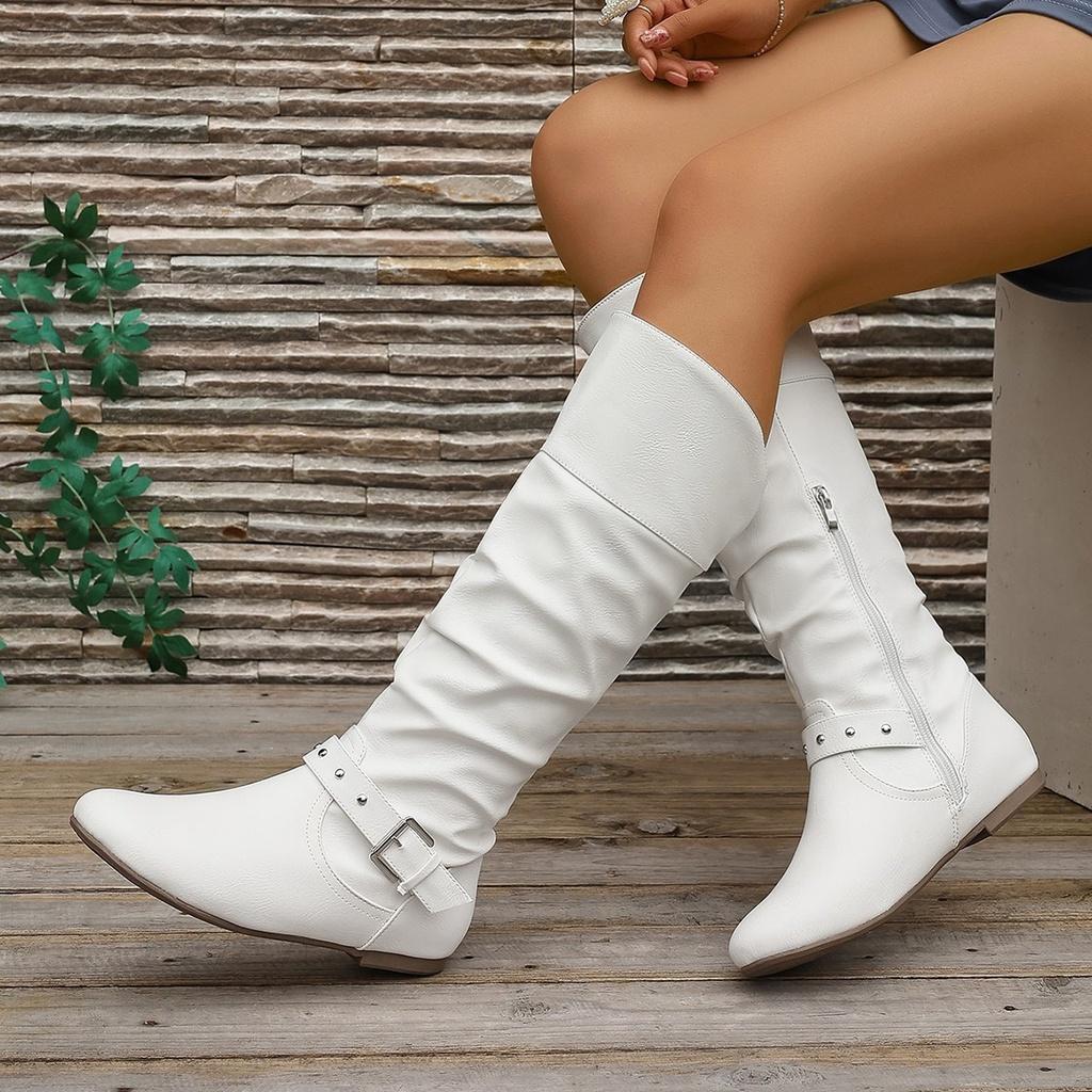 2024 Winter New Fashionable Women's Low Heel Round Toe High Knee Boots With Stylish Buckle