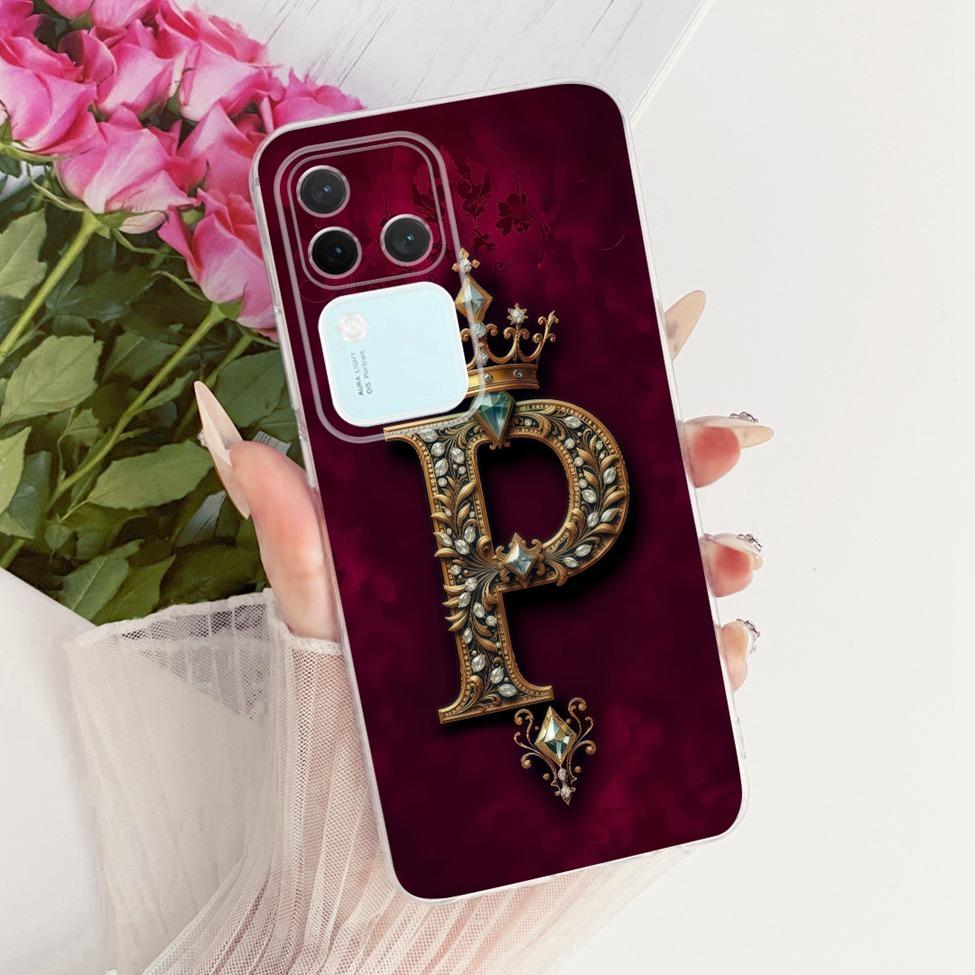 Чехол для Vivo S18Pro V2344A Чехол для Vivo S18 Pro Прозрачный Роскошная Корона Буквы от A до Z 2D Плоский Узор Мягкий Чехол