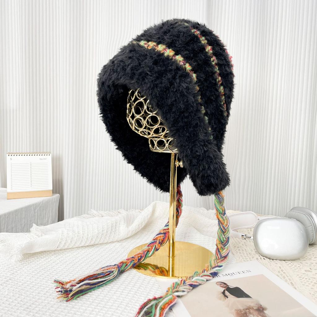 Color Matching Plush Hat for Women, Thickened In Autumn and Winter, Warm and Cold-proof, Small-faced Outdoor Knitted Headgear
