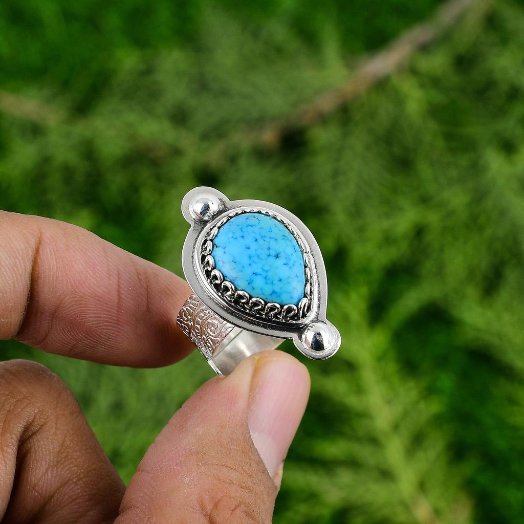 Natural Tibetan Turquoise Gemstone Promise Adjustable Ring 925 Sterling Silver