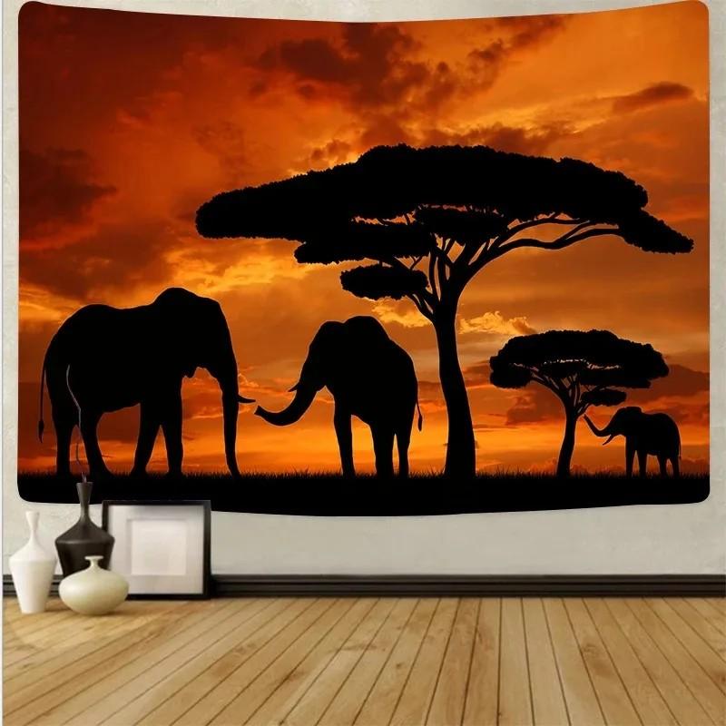 VIKAMA African Animal Silhouette Tapestry High Contrast Sunset Gradient Mural Acacia Tree Elements Living Room BB