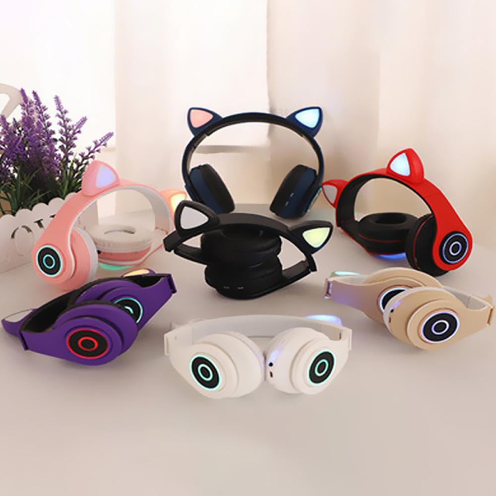 B39 Cute Cat Ear Headset Wireless BT5.0 Foldable Gaming Headphone with Flash RGB Lights Earphone TF