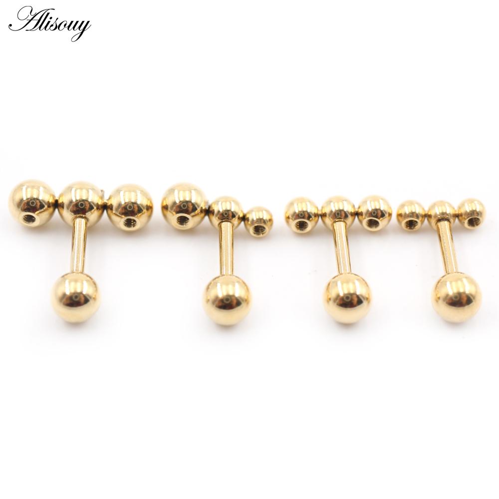 Alisouy 2PC нержавеющая сталь резьба три шарика фасоль женщины мужчины девушка серьги гвоздик хрящ винт серьги пирсинг ювелирные изделия