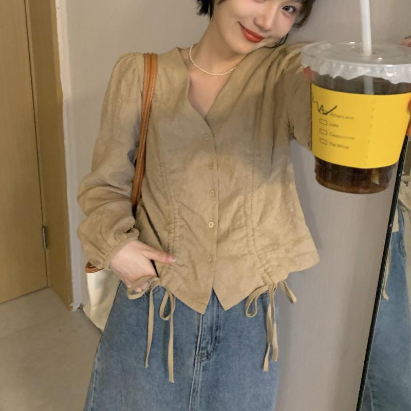 Модная женская блузка трапециевидной формы с v-образным вырезом и завязками на талии, рубашка с длинными рукавами, женские элегантные весенние топы