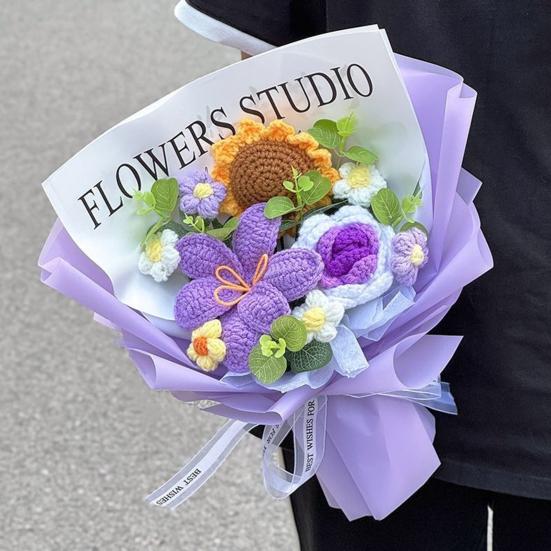 Crochet Flower Bouquet Handmade Knitted Cotton Thread Flowers Artificial Sunflower Wildflower Bouquet for Valentine's Day Anniversary Birthday