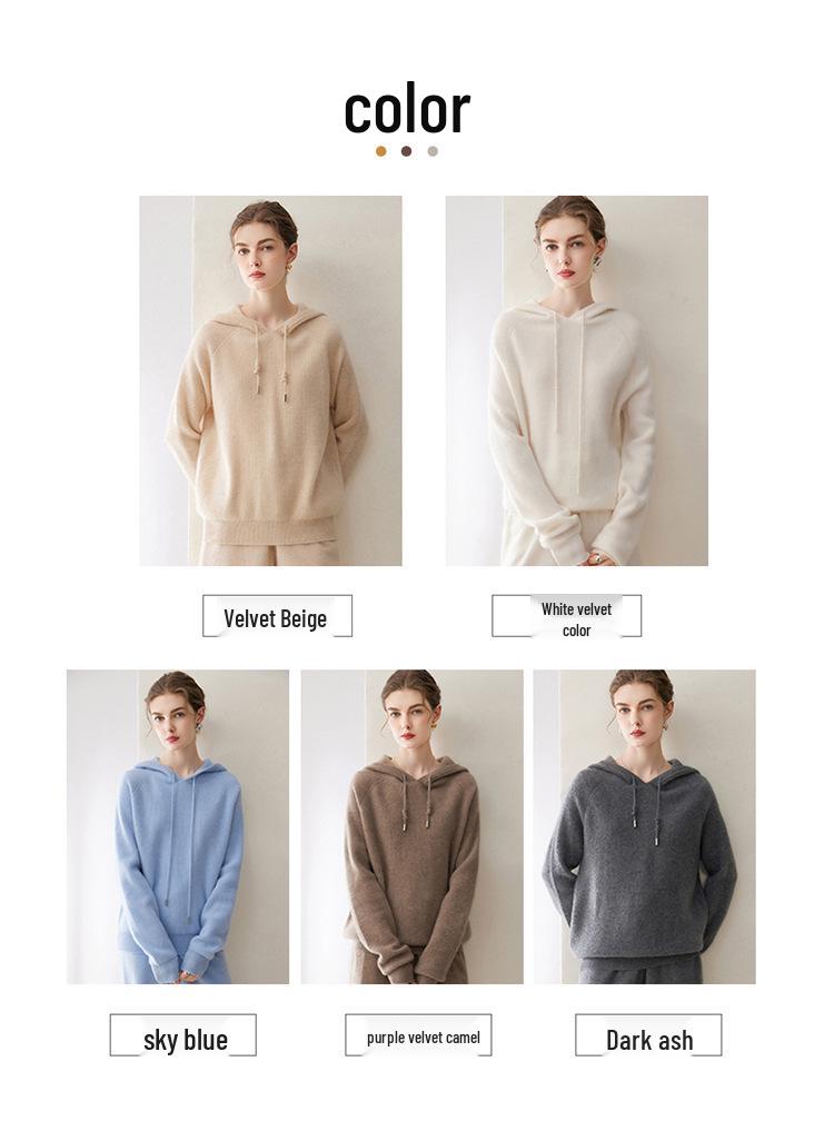 Women's Loose Hooded Cashmere Sweater - 2026 Autumn/Winter Ribbed Raglan Sleeve Knit Pullover