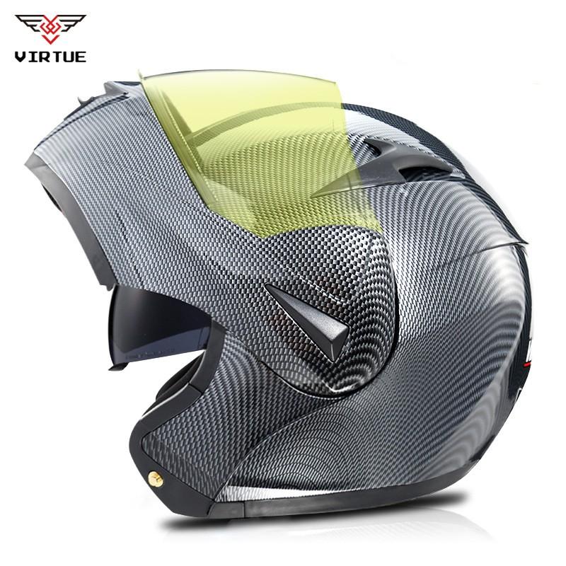 VIRTUE Full Face Motorcycle Helmet With Dual Lens Carbon Fiber Style Decal ABS Shell Flip-Up Design Adult Riders