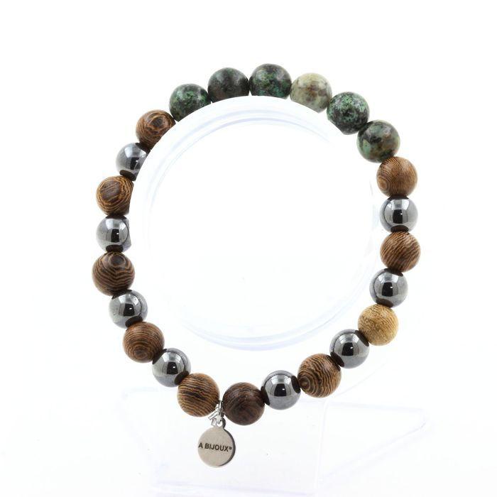 Stones and Minerals. African Turquoise + Hematite + Wood Bead Bracelet 8 Mm. Made In France.