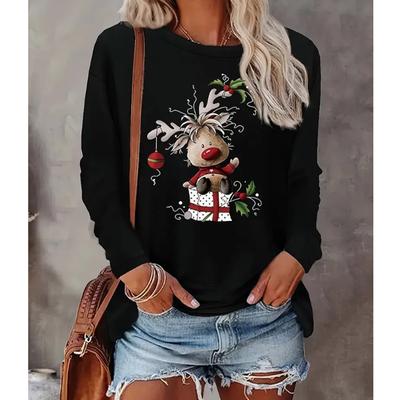 2025 Осень и Зима Женский Новый Повседневный Топ с Круглым Вырезом и Длинным Рукавом с 3D Рождественским Узором