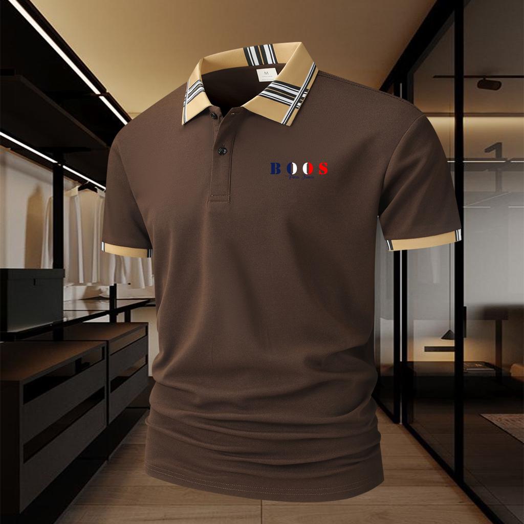 Men's golf polo shirt with a classic 2button collar and checkered collar band-soft and comfortable against the skin,perfect for both work and leisure