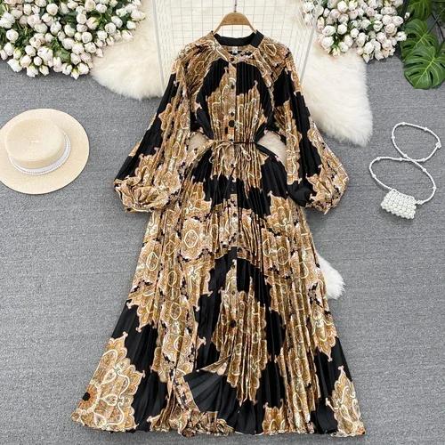 Платья Temperament Lantern Длинные рукава Круглый вырез Тонкий однобортный принтованное платье Элегантные винтажные шикарные женские платья