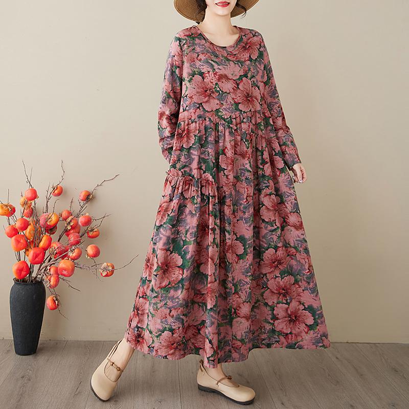 DIMANAF 2025 Женское длинное весеннее платье больших размеров Повседневное платье Свободное цветочное базовое хлопковое льняное винтажное макси с длинным рукавом