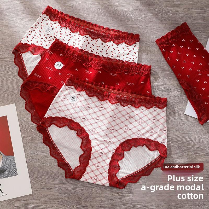 Big Size Female Spring and Autumn Festival New Year This Year Lace Red Extended Crotch Triangle Briefs