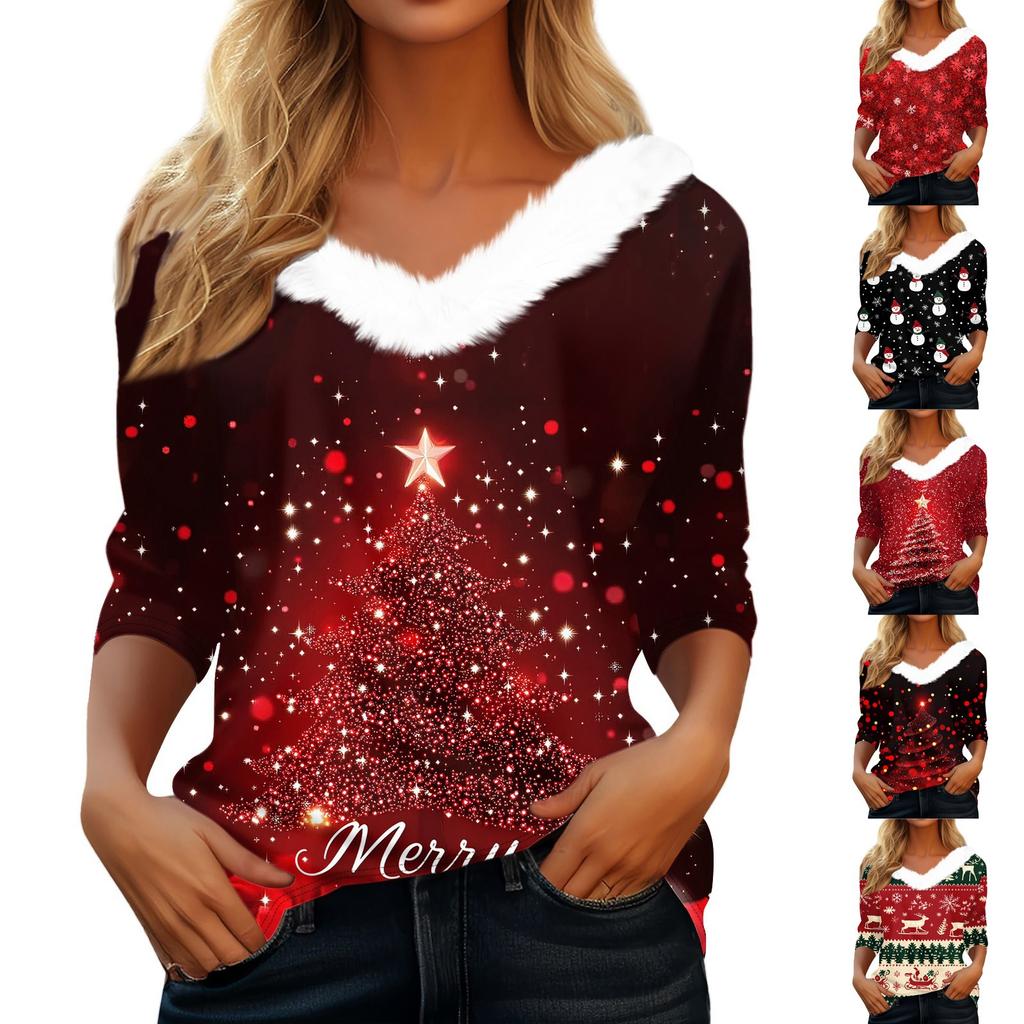 Женская футболка с рождественским принтом, флисовый воротник с рукавом три четверти и V-образным вырезом на рождественской вечеринке