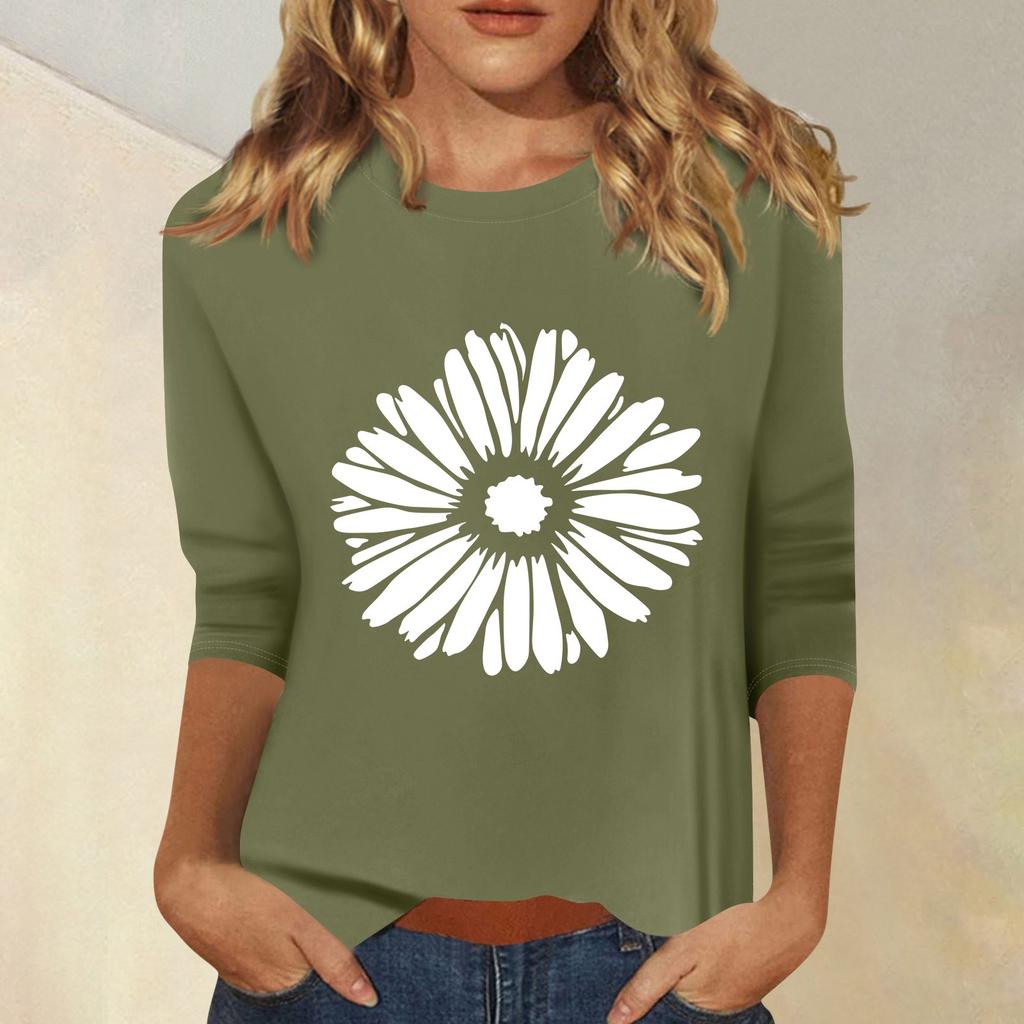 Женская мода повседневный принтованный топ с семью рукавами и круглым вырезом