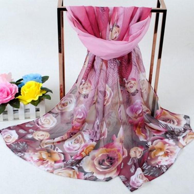 Women's Fashion Autumn Spring Small Scarf Peacock Feather Rose Pattern Chiffon Female Long Scarf