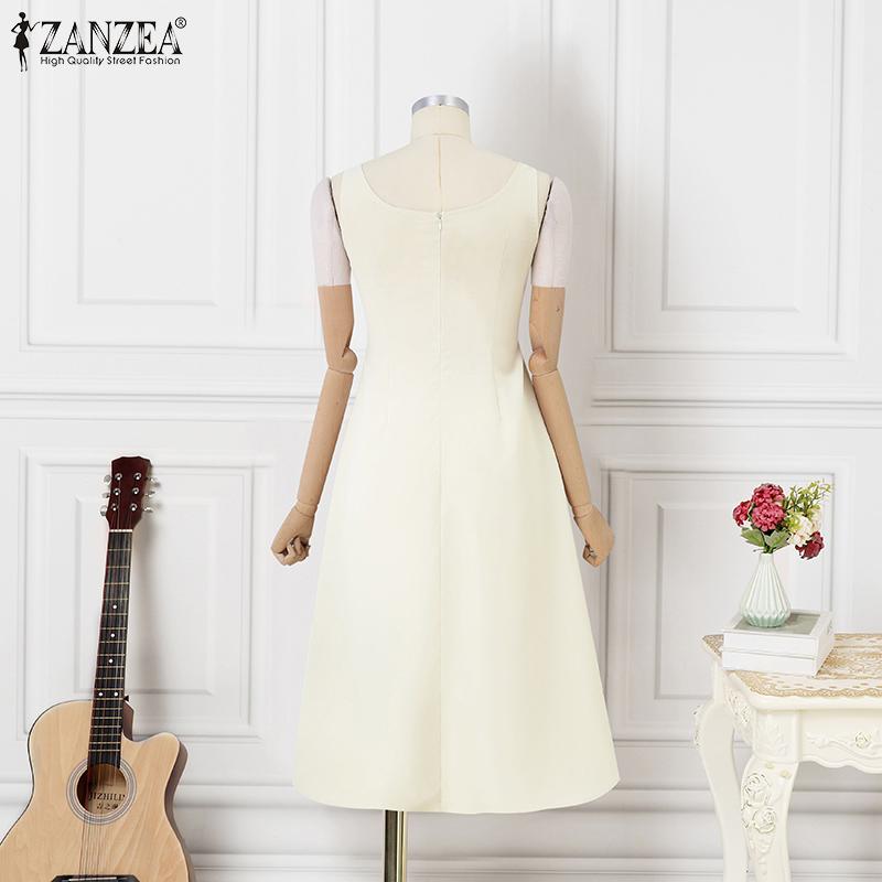 ZANZEA Women Elegant Square Neck Sleeveless Waisted A-Line Suspender Dress