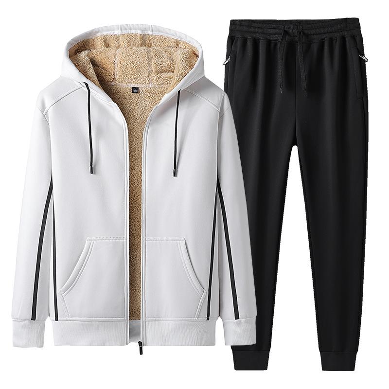 Winter Men's Casual Sports Suit Plus Velvet Thick Hooded Cardigan Sweater Two-piece Suit