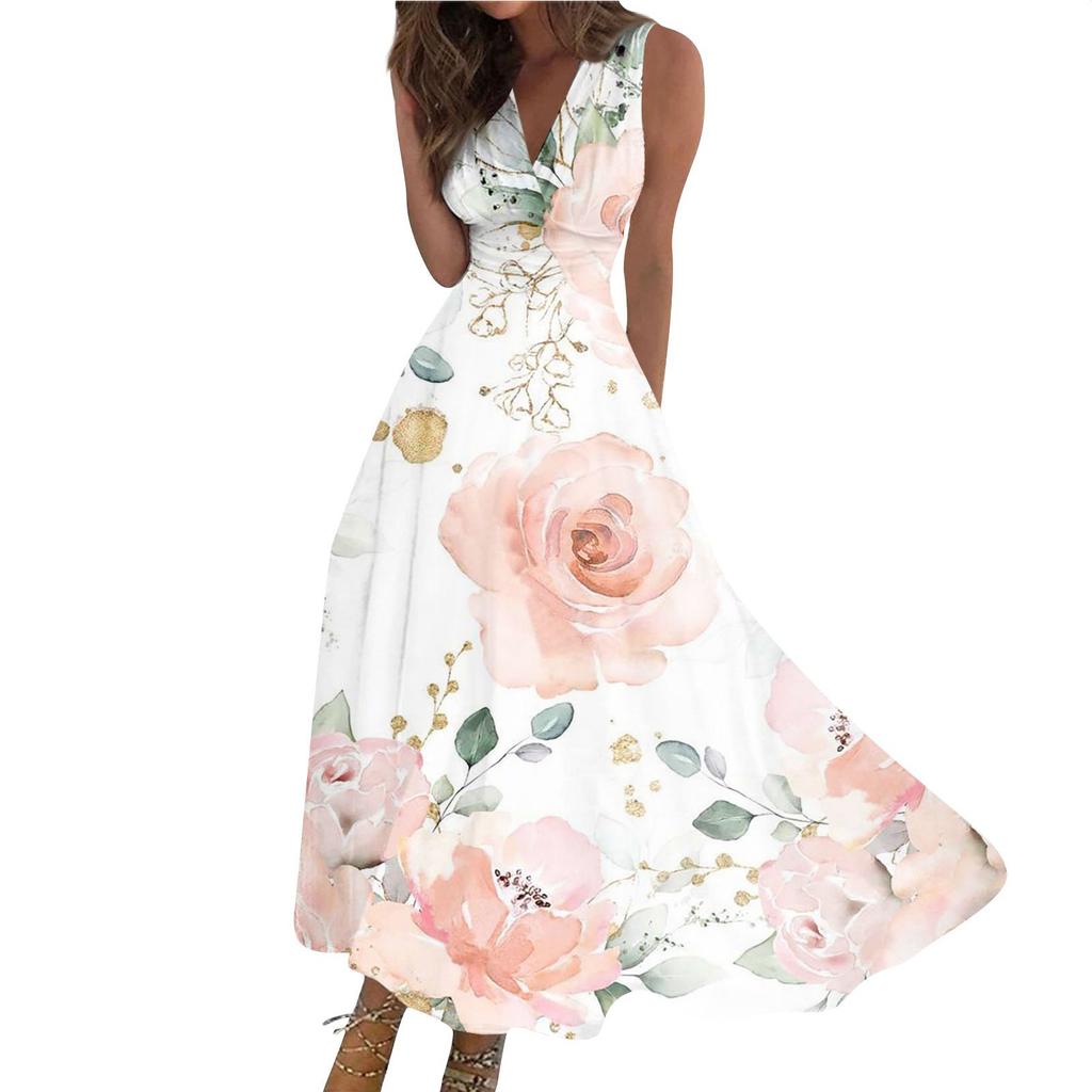 Женское длинное платье Платье макси Повседневное платье Летнее повседневное платье без рукавов с v-образным вырезом в стиле бохо с талией и принтом