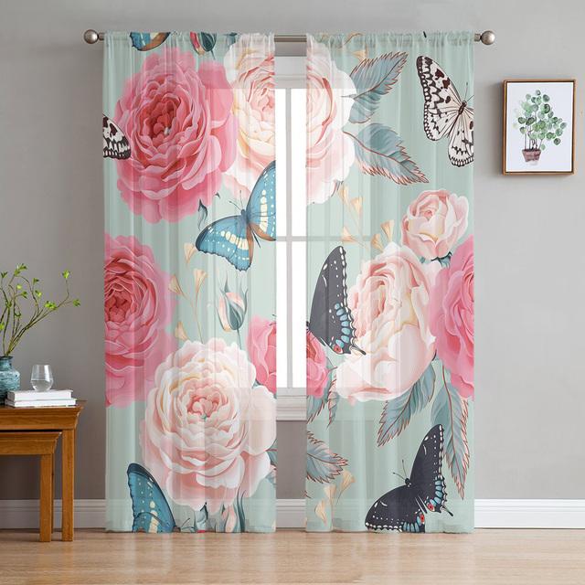 Flower And Colorful Butterfly Sheer Curtains For Living Room Bedroom Kitchen Home Decor Tulle Voile Curtains Windows Drapes