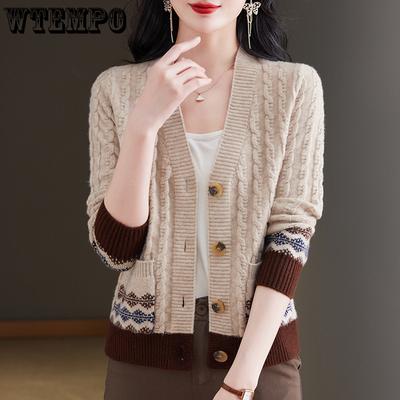 Весенне-осеннее женское пальто-свитер с V-образным вырезом, жаккардовый топ, свободный вязаный кардиган