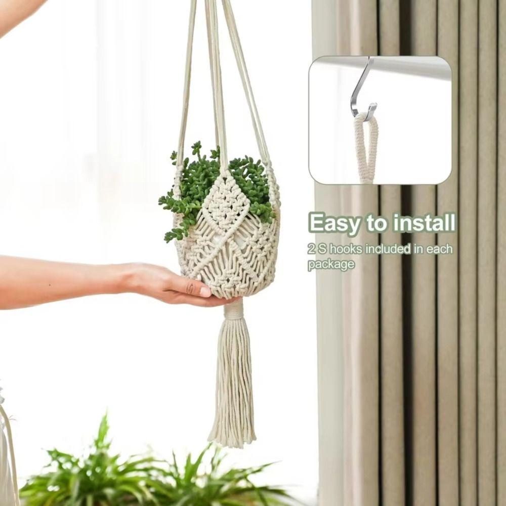 Cotton Rope Woven Plant Hanger with Net Pouch Flower Pot for Indoor Outdoor Hanging Succulents