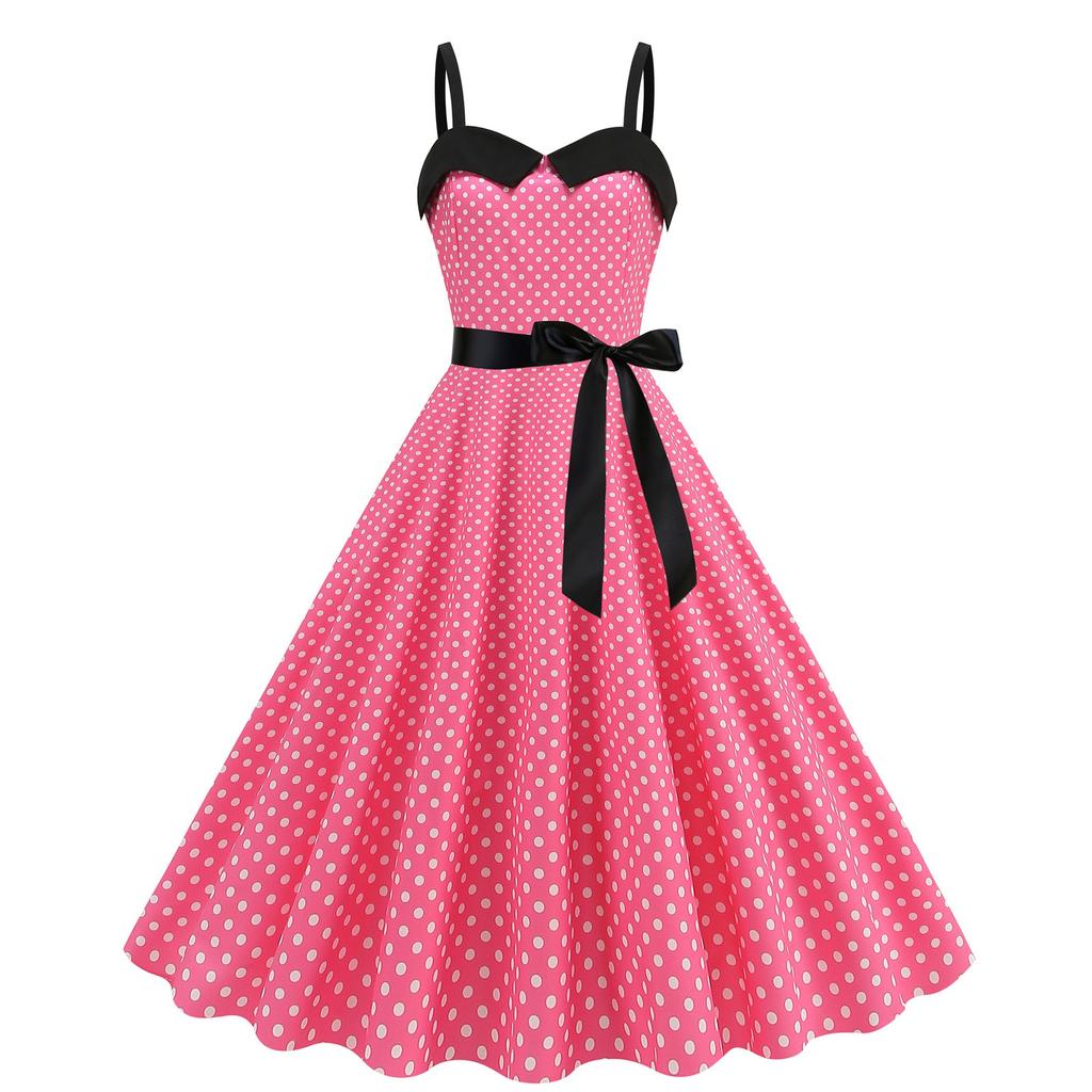 Women's Fashion Temperament Retro Polka Dot Lace-up Backless Set Neck Big Swing Puffy Casual Performance Dress