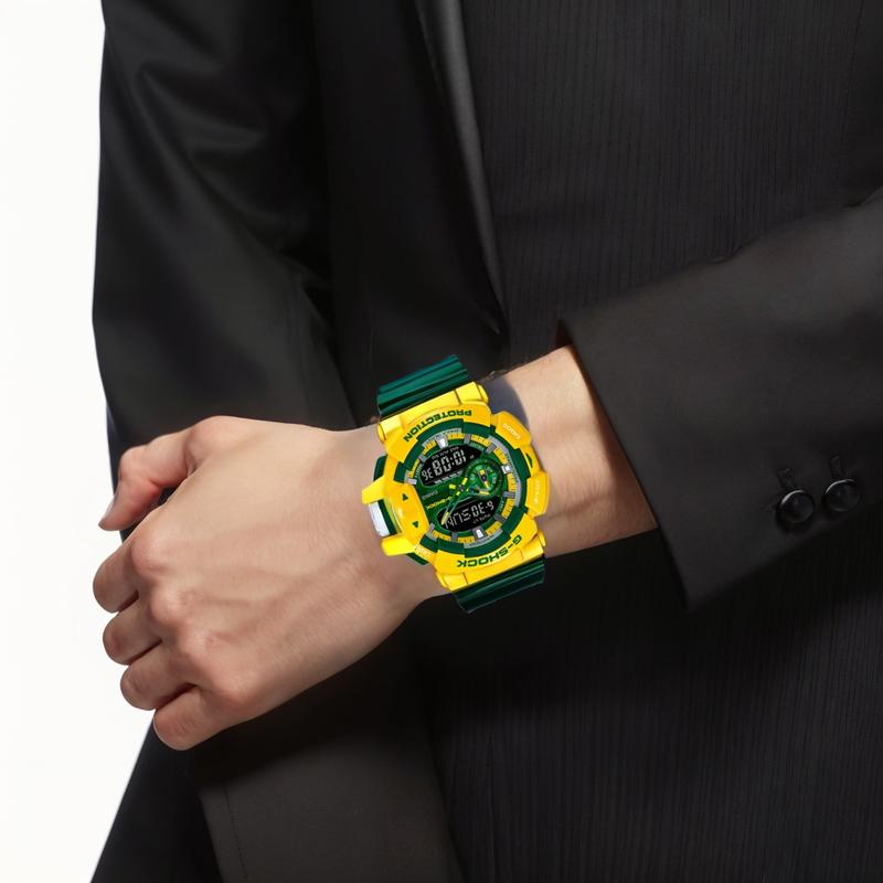 Casio Серия с двойным дисплеем LCD/Стрелки Яркие контрастные цвета Спортивные водонепроницаемые Бразильские цвета Интуитивное управление Вращающаяся заводная головка Большие GA-400CS-9APR