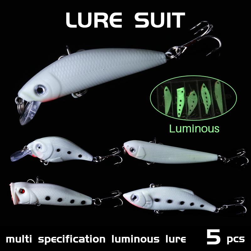 5PCS Luminous Night Fishing Bait Glow Suspending Minnow Crankbaits VIB Pencil Wobblers Hard Baits Sinking Lures Pesca