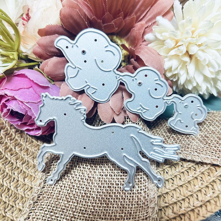 2pcs/set Elephants And Horse Die Cuts For Card Making, Cutting Dies, Metal Die Cutting Mold, Scrapbooking Dies, Etched Embossing Stencil For Crafts