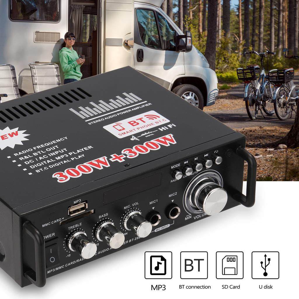12 В/220 В мини 2-канальный ЖК-дисплей HIFI аудио стерео усилитель мощности BT FM-радио портативный автомобильный дом 600 Вт