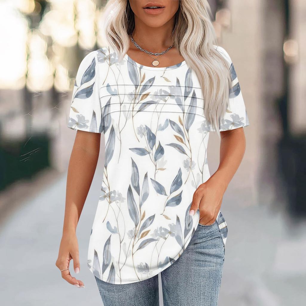 T Shirts For Women Pleated Round Neck Dressy Casual Blouses Printing Short Sleeve Summer Tops Loose Fit