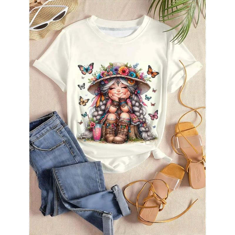 Women's T-Shirt Floral And Skull Print Fashion Casual Short-Sleeved Round Neck Blouse Street Oversized Women's Clothings Summer