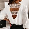 Fashion Sexy Spring and Autumn Long-sleeve Shirt V-neck Back Hollow Lace Stitching Shirt Korean Office White Blouse