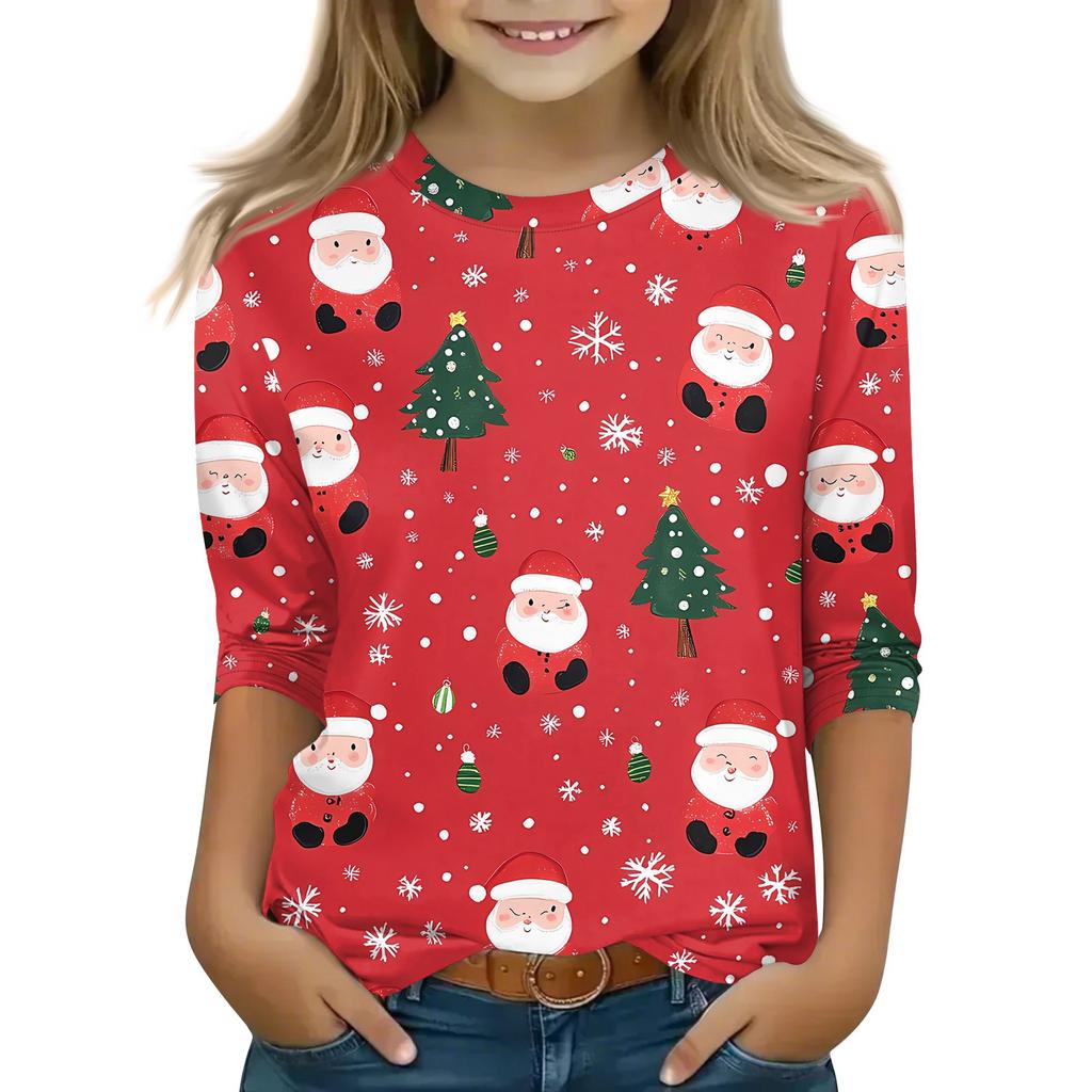 Children's 3/4 Sleeve Tops Casual Christmas Print T Shirt Round Neck Pullover Blouse
