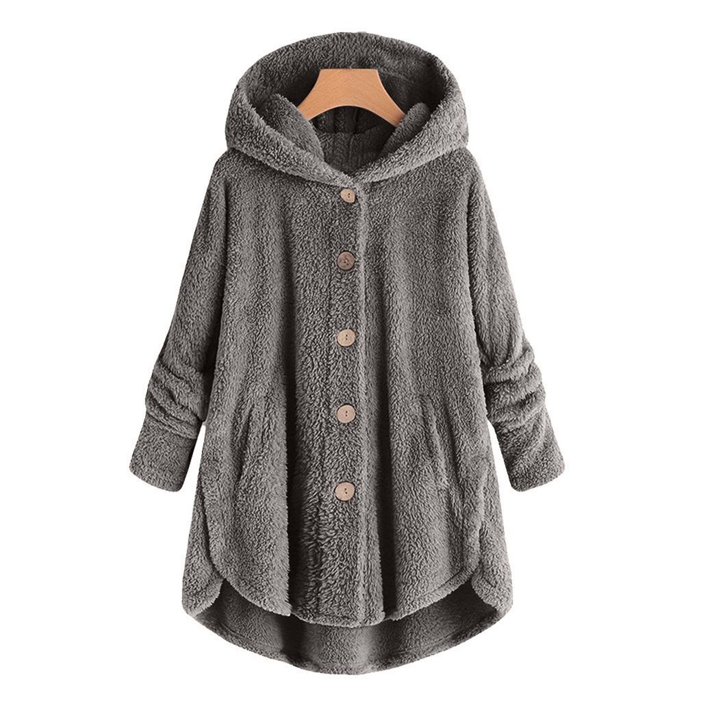 Women Plus Size Button Plush Tops Hooded Loose Cardigan Wool Coat Winter Jacket