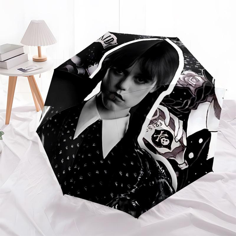 1pc Wednesday Automatic Folding Umbrella - Compact 8-Rib Design, Durable Plastic & Iron, Perfect Gift for Friends & Family, Outdoor Umbrella, Fashiona