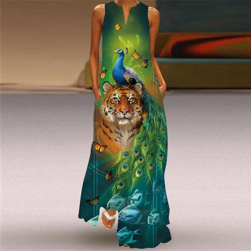 2024 Retro Printed V-Neck Sleeveless Maxi Dress with Pockets - Multicolor